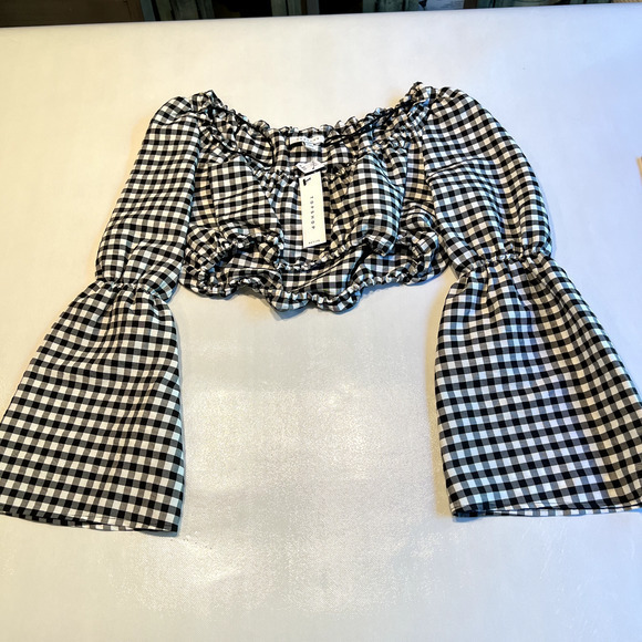 Topshop Tops - Topshop Womens Gingham Crop Top Off Shoulder Bell Sleeve Petite Size 6